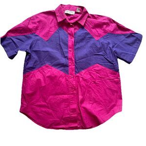 Vintage 90s Side Saddle Short Sleeves Button Up Top Western Large Shoulder Pads